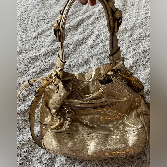 JUICY COUTURE Gold Leather Drawstring Animal Print Metallic Shoulder Bag Purse x - Picture 6 of 17